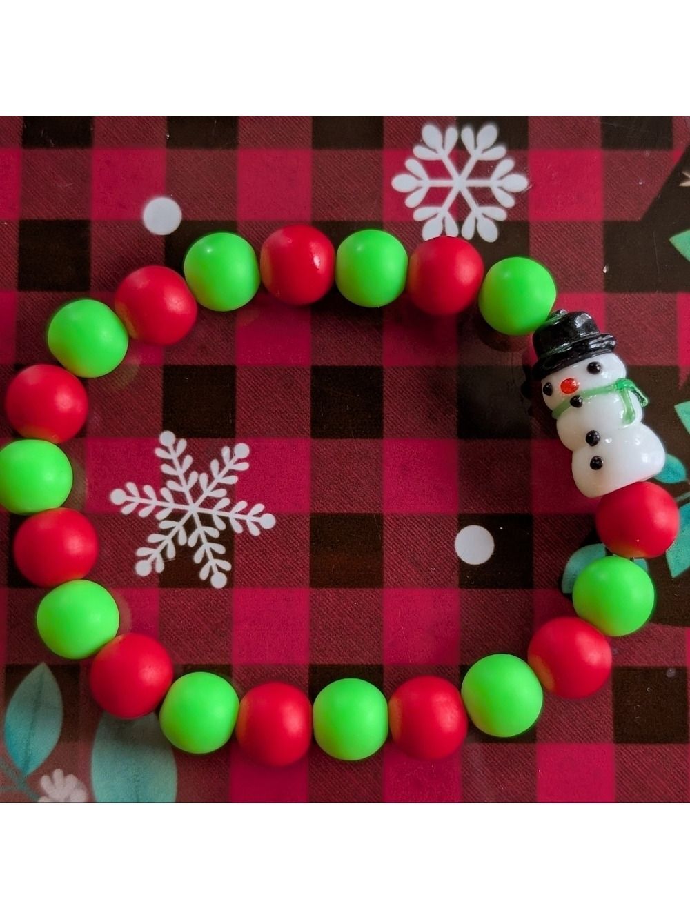 Festive Red and Green Stretch Bracelet with Snowman Charm
